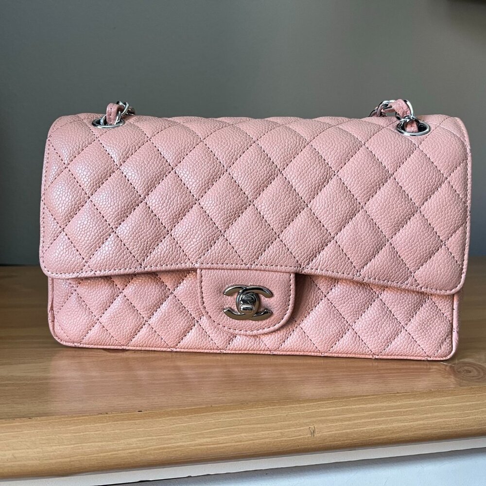 Pink  Caviar Double Flap Medium Leather Purse Bag